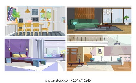 Modern home interior vector illustration set. Stylish bedroom, cozy living room, studio with dining table. Interior concept
