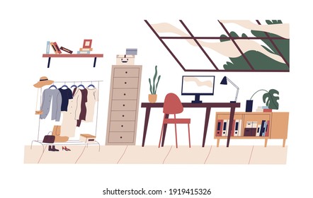 Modern home interior with wardrobe and workplace. Scandinavian-styled room furnished with hanger, shelves, table, chair, cabinet and computer. Colored flat vector illustration isolated on white