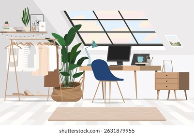 Modern home interior with wardrobe and workplace. Scandinavian-style room furnished with hanger, shelves, table, chair, cabinet and computer. 