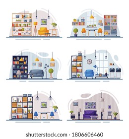 Modern Home Interiors with Comfy Furniture Set, Cozy Apartments Furnished in Trendy Scandinavian Style Vector Illustration