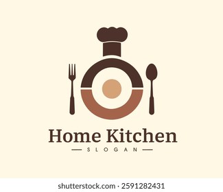 Modern Home Kitchen Logo with Chef Hat and Cutlery