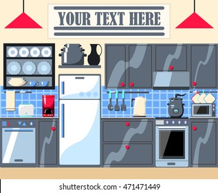 Modern home kitchen vector illustration with text place. Hi-tech kitchen interior with built-in appliances and furniture. White fridge, shiny oven with stove, dishwasher, coffee machine, teapot. 