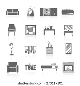 Modern home living room furniture black icons set isolated vector illustration