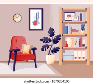 Modern home living room interior design background. Room at home for rest with armchair, shelves stand with books, vases, plants. Cosy area for relaxing vector illustration.