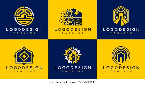 Colección moderna de plantillas de diseño de logotipo para el hogar. Conjunto de vectores del logotipo de la casa de tecnología.
