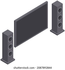 Modern home media entertainment system illustration isolated on white home theatre, television set. Equipment for watching movies at home, black lcd screen and speakers, high-quality picture and sound