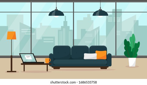 Moderna oficina doméstica con gran ventana y muebles. Trabajo en casa o concepto independiente. Ilustración vectorial interior.
