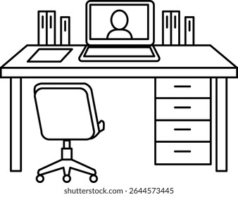 Modern home office desk with laptop, chair, and folders.