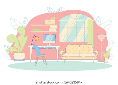 Modern Home Office Interior or Comfortable Freelancer Workplace Furnituring Background with Work Desk. Distance Remote Job Occupation Opportunity and Advantages. Flat Cartoon Vector Illustration.