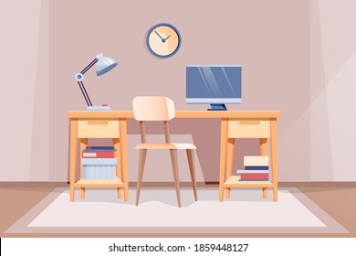 Modern home office interior design background. Room at home for work with chair, table with lamp and computer monitor, clock on wall. Empty cosy area for working vector illustration.