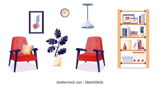 Modern home office interior design furniture and elements. Armchairs, shelves stand with books, plant, painting, clock isolated on white background. Workspace elements vector illustration.