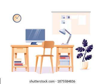 Modern Home Office Interior Design Background. Room At Home For Work With Chair, Table With Lamp And Computer Monitor, Clock On Wall Isolated On White. Empty Cosy Area For Working Vector Illustration.