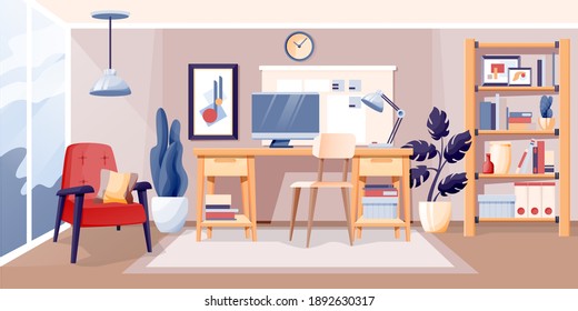 Modern home office interior design background. Room at home for work and rest with chair, table with lamp and computer, armchair, shelves stand. Cosy area for working vector illustration.