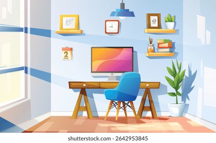 Modern home office interior with a desk, computer, shelves, and potted plant, perfect for remote work. Vector cartoon illustration