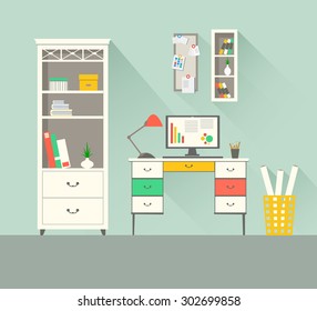 Modern home office interior. Flat design illustration. For infographic, web site, cartoon, poster, presentation. EPS 10 vector file.