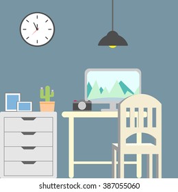 Modern home office interior. Flat design - Vector illustration. 