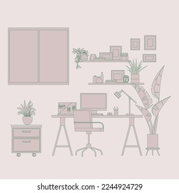 Modern home office interior line art. Remote workplace with desk, chair, computer and potted plants. Front view of empty working place with furniture. Workspace, freelance or studying concept