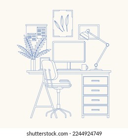 Modern home office interior line art. Remote workplace with desk, chair, computer and potted plants. Front view of empty working place with furniture. Workspace, freelance or studying concept