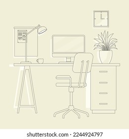 Modern home office interior line art. Remote workplace with desk, chair, computer and potted plants. Front view of empty working place with furniture. Workspace, freelance or studying concept