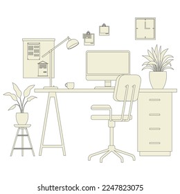 Modern home office interior line art. Remote workplace with desk, chair, computer and potted plants. Front view of empty working place with furniture. Workspace, freelance or studying concept