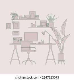 Modern home office interior line art. Remote workplace with desk, chair, computer and potted plants. Front view of empty working place with furniture. Workspace, freelance or studying concept