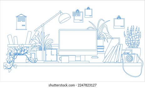 Modern home office interior line art. Remote workplace with desk, lamp, computer and potted plants. Front view of empty working place with furniture. Workspace, freelance or studying concept