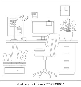 Modern home office interior line art. Remote workplace with desk, chair, computer and potted plants. Front view of empty working place with furniture. Workspace, freelance or studying concept