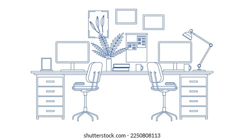 Modern home office interior line art. Remote workplace with desk, chair, computer and potted plants. Front view of empty working place with furniture. Workspace, freelance or studying concept