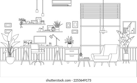 Moderno estilo de decoración de la oficina en casa. Lugar de trabajo con escritorio, silla, ordenador y macetas. Lugar de trabajo vacío con muebles. Interior para freelancer. Tabla de trabajo con silla, libro de coloreado