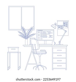 Modern home office interior line art. Remote workplace with desk, chair, computer and potted plants. Front view of empty working place with furniture. Workspace, freelance or studying concept