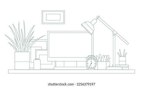 Modern home office interior line art. Remote workplace with desk, chair, computer and potted plants. Front view of empty working place with furniture. Workspace, freelance or studying concept