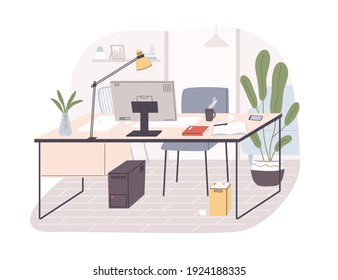 Modern home office interior. Remote workplace with desk, chair, computer and potted plants. Front view of empty working place with furniture. Flat vector illustration isolated on white background