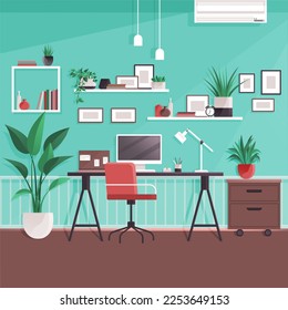Modern home office interior. Remote workplace with desk, chair, computer and potted plants. Front view of empty working place with furniture. Interior for freelancer. Work table with wheelchair