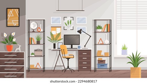 Modern home office interior. Remote workplace with desk, chair, computer and potted plants. Front view of empty working place with furniture. Interior for freelancer. Work table with wheelchair