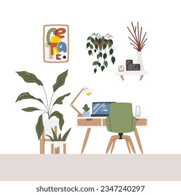 Moderno interior de oficina. Vista de la escena residencial con escritorio y muchas plantas. Zona de trabajo de mediados del siglo XX decorada con plantas domésticas y decoración doméstica. Ilustración vectorial plana dibujada a mano en el área de trabajo