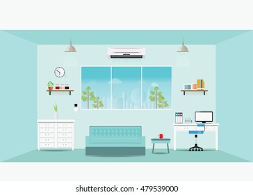  Modern home office interior, Workplace concept Vector flat illustration.