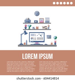 Modern home office interior. Workplace with table, computer, shelf, lamp. Vector illustration with place for your text.