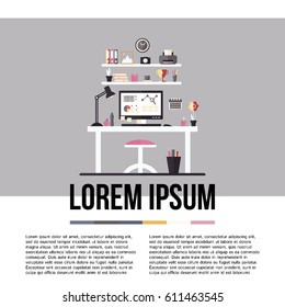 Modern home office interior. Workplace with table, computer, shelf, lamp. Vector illustration with place for your text.