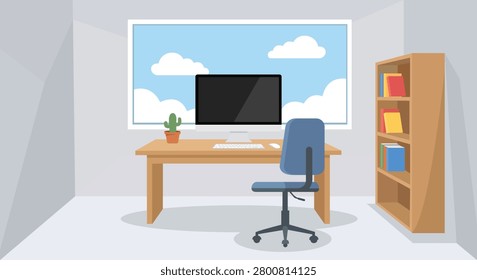 Modern home office interior workspace design with computer desk chair bookshelf window plant cozy room setup remote work environment flat vector illustration