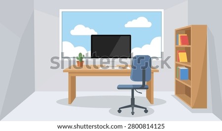 Modern home office interior workspace design with computer desk chair bookshelf window plant cozy room setup remote work environment flat vector illustration