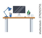 A modern home office setup with a computer, lamp, plant, and mug on a wooden desk