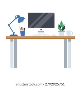 A modern home office setup with a computer, lamp, plant, and mug on a wooden desk
