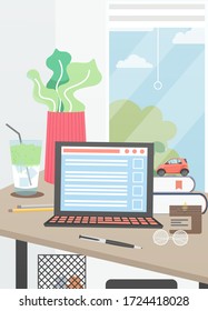 Modern home office vector poster template. Desktop with laptop computer, houseplant, books, pen, pencils, flat style design illustration. Home workspace.