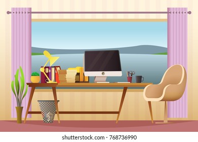 Modern home office workplace. Creative workspace with big window with beautiful view of the mountains. Vector illustration