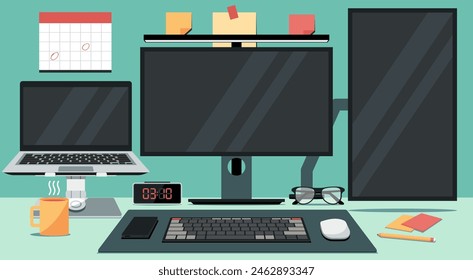 Modern Home Office Workspace with Computer and Laptop on Desk, Ideal for Software Developers, Featuring Ergonomic Setup and Digital Equipment, Flat Vector Illustration Design