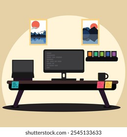 Espaço de trabalho moderno do escritório doméstico com computador e decoração minimalista