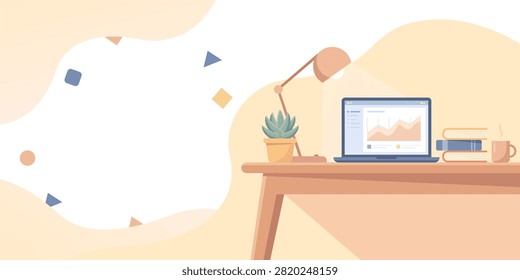 Modern Home Office Workspace Desk with Laptop Showing Analytics Chart, Books, Lamp, Plant, and Coffee Cup, Banner Flat Illustration and Copy Space