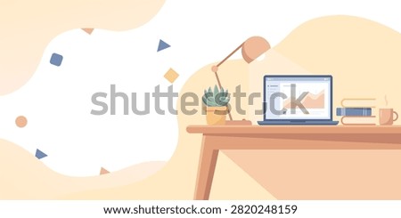 Modern Home Office Workspace Desk with Laptop Showing Analytics Chart, Books, Lamp, Plant, and Coffee Cup, Banner Flat Illustration and Copy Space