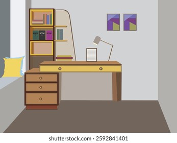 Modern home office workspace with wooden desk, bookshelf, and cozy decor - vector illustration