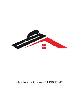 Modern home plastering logo design vector. Exterior and interior house work logo with plastering trowel and house design vector